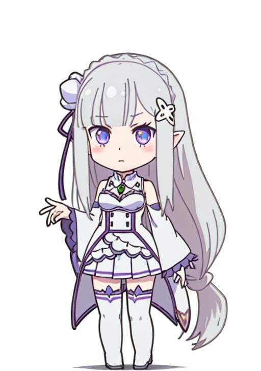 best quality, masterpiece, <lora:Emilia-000010:0.7>, Chibiemi, phemilia, 1girl, solo, chibi, thighhighs, grey hair, low-tied long hair, indoors, detached sleeves, looking at viewer, skirt, pleated skirt, dress, blush, standing, zettai ryouiki, wide sleeves, bare shoulders, white thighhighs, full body, breasts, elf, white skirt, very long hair, white dress, white background, simple background, 