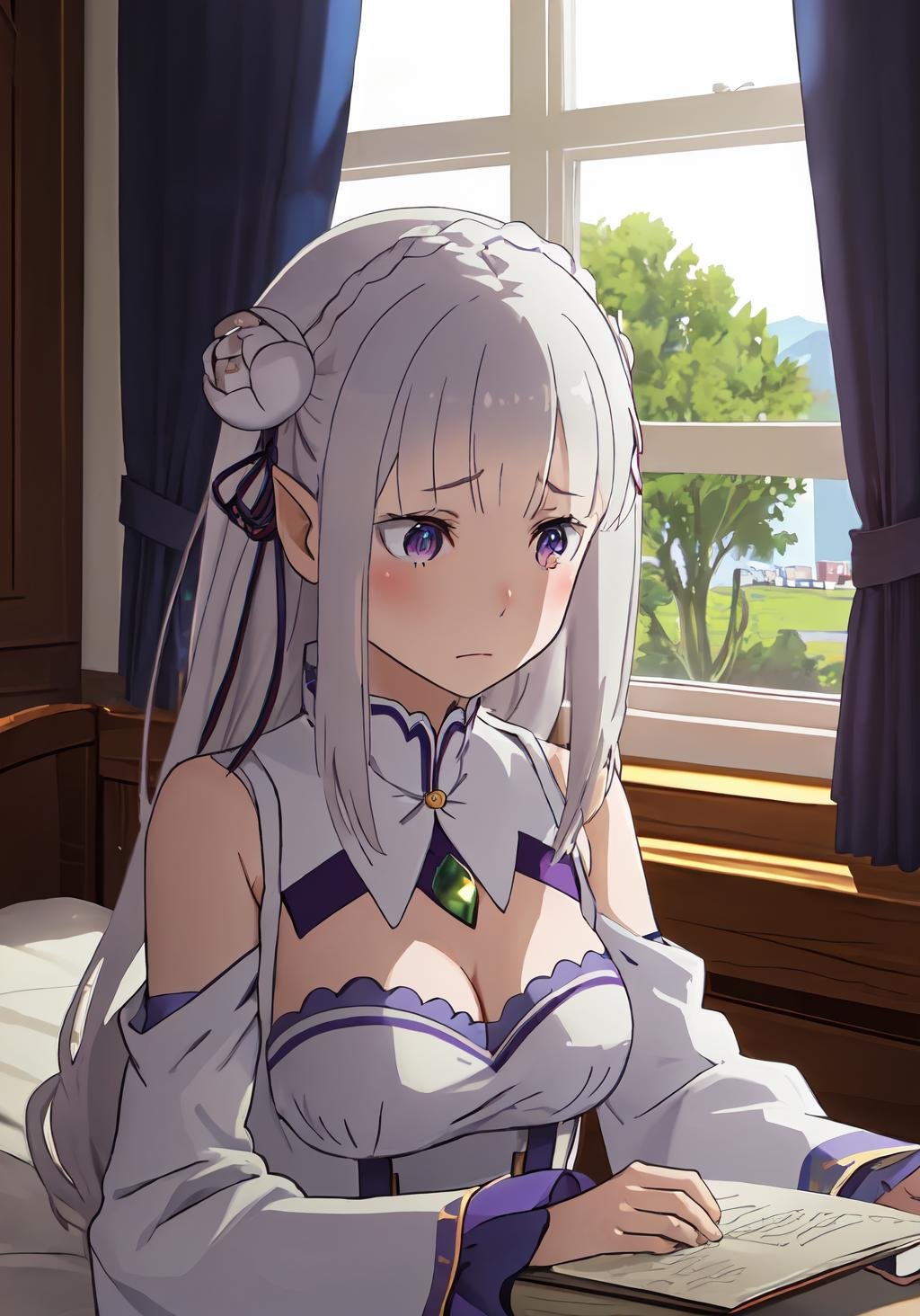 best quality, masterpiece, <lora:Emilia_v1_FB:0.7>, phemilia, 1girl, cat, indoors, grey hair, detached sleeves, window, bare shoulders, curtains, white hair, cleavage, breasts, book, blush, closed mouth, medium breasts, elf, long sleeves, upper body, tears, lying, dress, wide sleeves