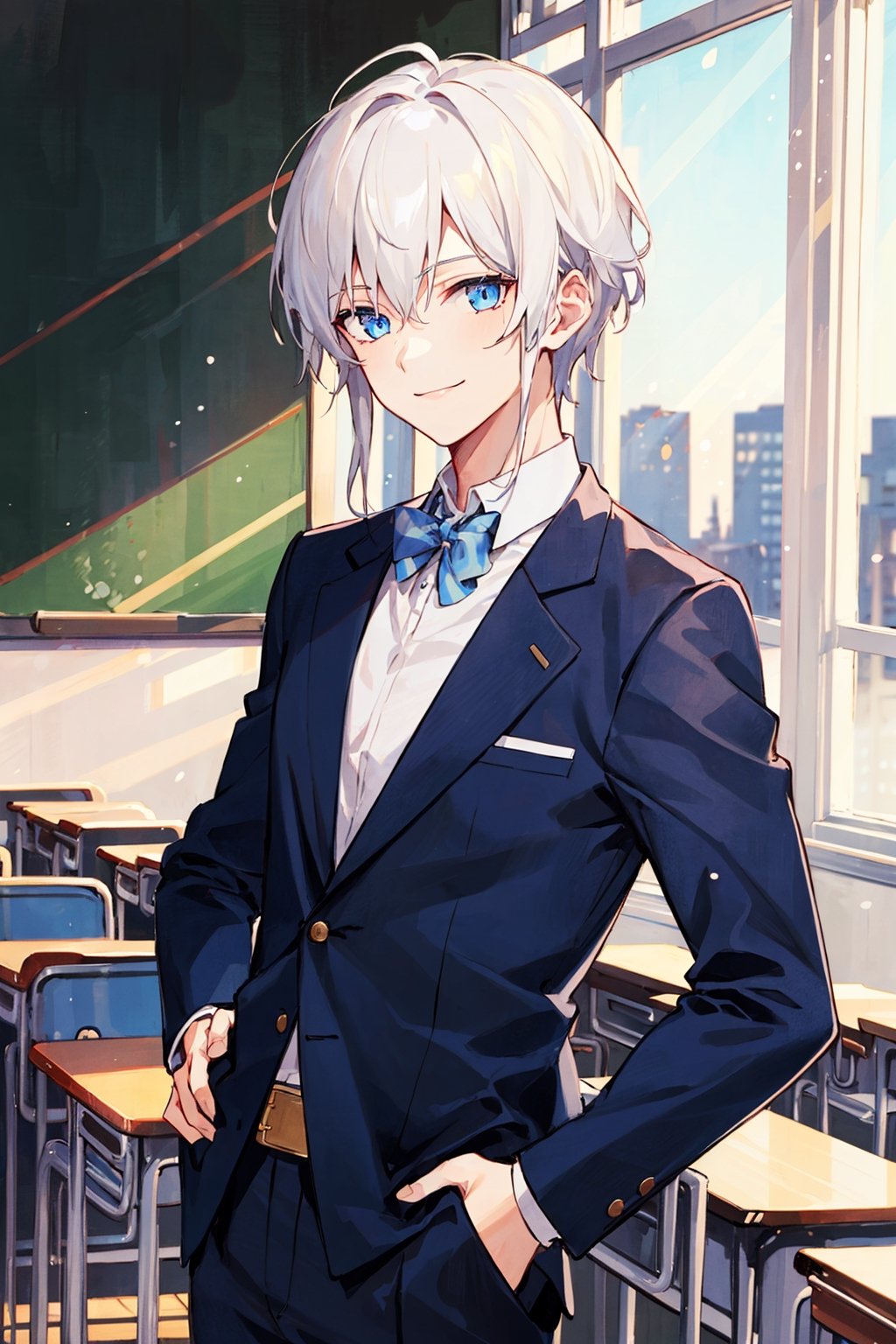 best quality, masterpiece, highres, 1boy, solo, white hair, blue eyes, upper body, collared_shirt, open_blazer, smile, hand on hip, standing in a classroom 