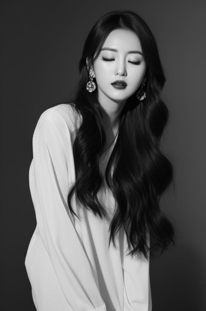 a woman with long hair and a white shirt is posing for a picture with her eyes closed and her lips slightly closed,1girl,artist name,black hair,earrings,greyscale,jewelry,lipstick,long hair,looking at viewer,makeup,open mouth,red lips,solo,<lora:More Fashion_v1.0:0.5>,