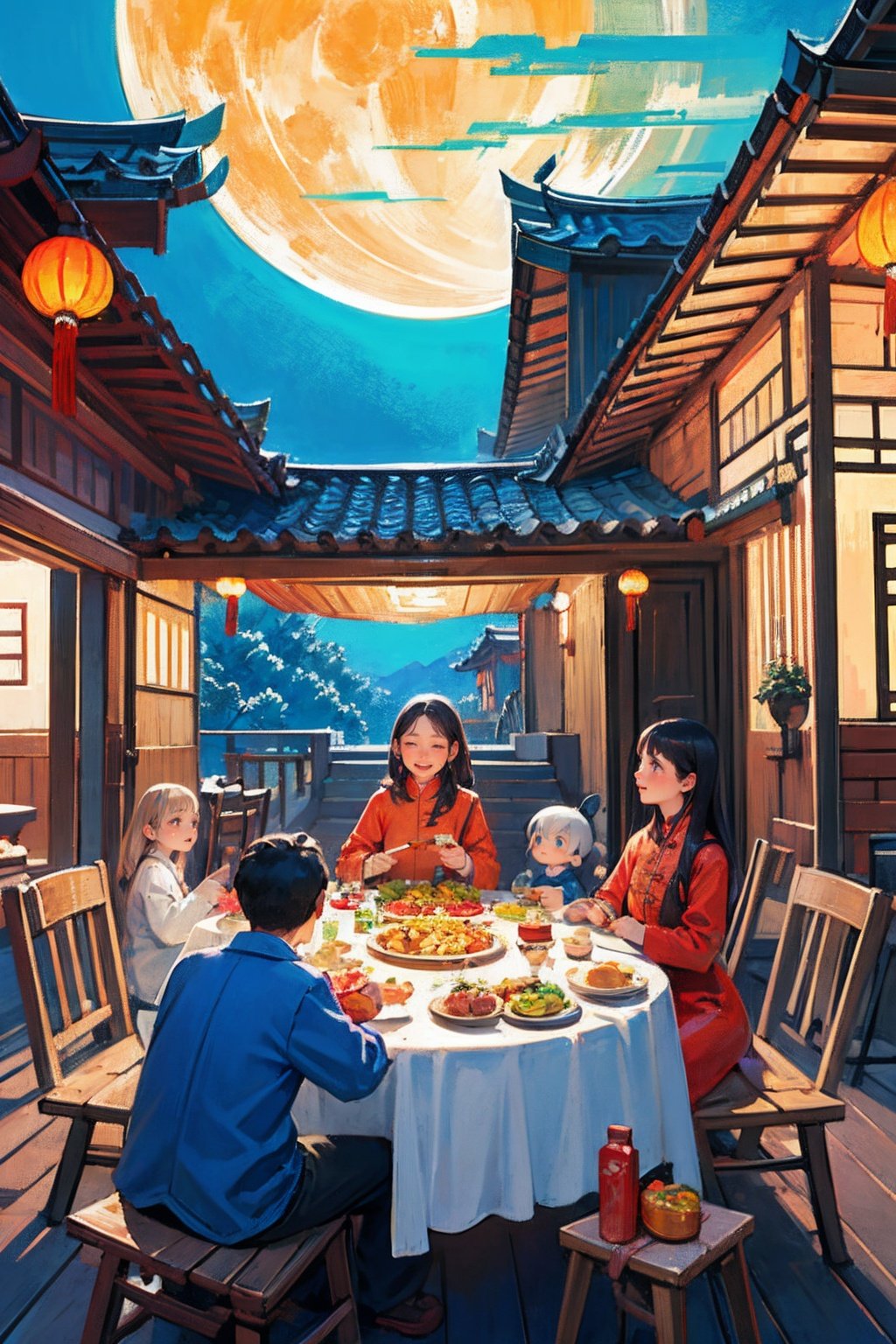 (Best quality, masterpiece, detailed details), Chinese illustration, Chinese traditional festivals, Mid-Autumn Festival, full moon background, many people, detailed details, emotional expressions, a family dinner, the moon, Chinese lanterns, a table of delicious food, Mid-Autumn Festival Festival, traditional culture, there are many people of different styles in the scene, some closer to the front, some closer to the back, full of hidden details, epic scenes, crazy photography 16K resolution
