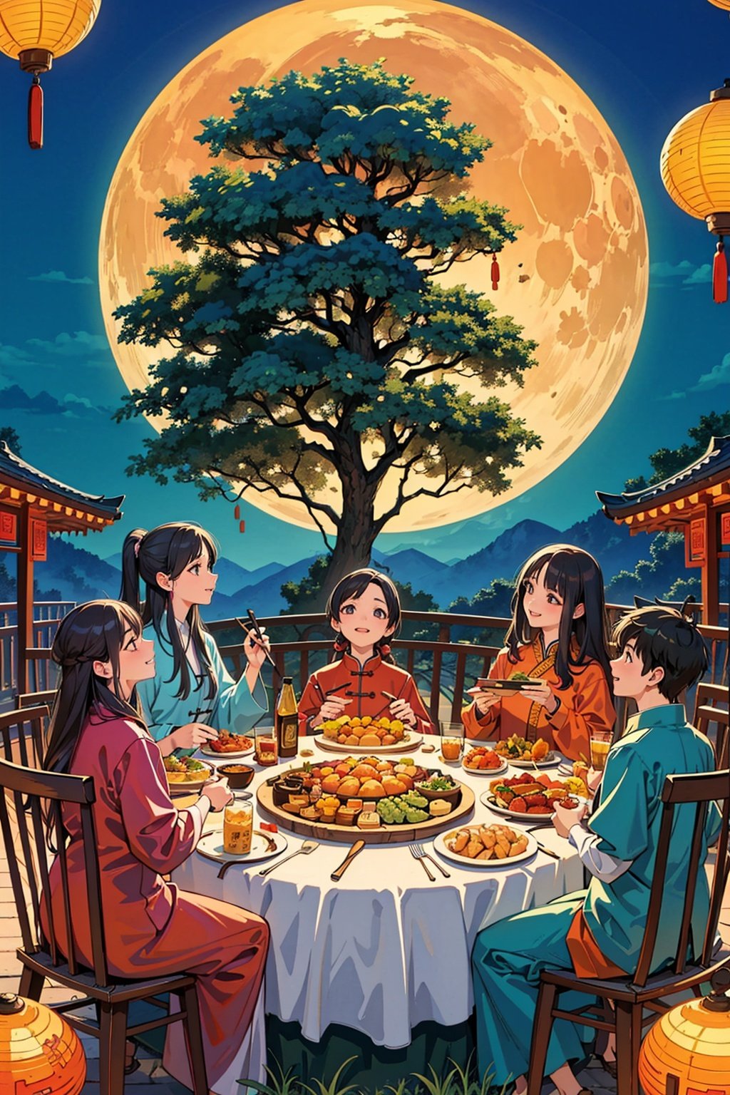 (Best quality, masterpiece, detailed details), Chinese illustration, Chinese traditional festivals, Mid-Autumn Festival, full moon background, many people, detailed details, emotional expressions, a family dinner, the moon, Chinese lanterns, a table of delicious food, Mid-Autumn Festival Festival, traditional culture, there are many people of different styles in the scene, some closer to the front, some closer to the back, full of hidden details, epic scenes, crazy photography 16K resolution
