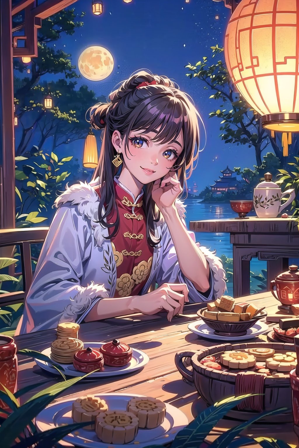 (Best quality, masterpiece, detailed details), upper body, 1Girl, solo, sitting, smiling, mooncakes on the table, night, white rabbit, Chinese clothes,