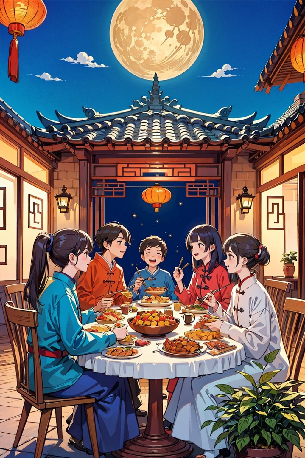 (Best quality, masterpiece, detailed details), Chinese illustration, Chinese traditional festivals, Mid-Autumn Festival, full moon background, many people, detailed details, emotional expressions, a family dinner, the moon, Chinese lanterns, a table of delicious food, Mid-Autumn Festival Festival, traditional culture, there are many people of different styles in the scene, some closer to the front, some closer to the back, full of hidden details, epic scenes, crazy photography 16K resolution
