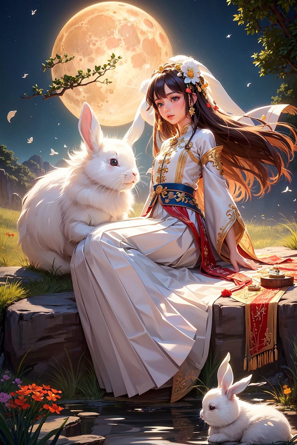 (Best quality, masterpiece, detailed details), Star River, Girl (Embracing the White Rabbit: 1.4), Dream, Solitude, (Masterpiece), ((Best Quality),) (Superdetail), (Illustrated), (Fluffy Hair), (Pleated Skirt), (1 Girl), (Solo), Dynamic Angle, Big Top Sleeve, Floating, Beautiful Detail Sky, On Beautiful Detail Water, Beautiful Detail Eyes, Overexposure, (Moon), expressionless, Blunt Side bangs, Hair between eyes, ribbons, bows, buttons, exposed shoulders, ((small chest)), detailed clothing, blank gaze, pleated skirt, flowers, realistic, plump, natural, best quality, masterpiece, ultra high resolution, (fidelity: 1.4), original photos, movie lighting, (perfect figure), (perfect lively scene), crazy details, complex details, super details

