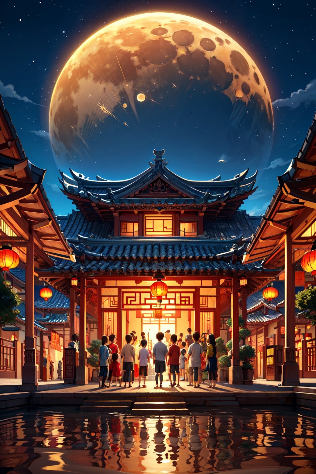 Cartoon cute painting style, simple line illustration, Chinese traditional festival poster design, Mid-Autumn Festival, full moon, many people, (a family reunites in front of the huge moon), lake reflection, star sky, (fireworks), blooming, warm pictures, Chinese lanterns. Traditional culture, Chinese style illustration, medium lens, light transmission, 16K, high resolution, detailed details, OC rendering, best quality,