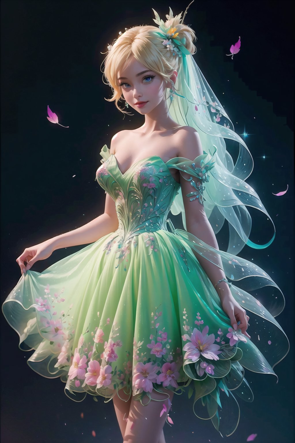 (Masterpiece,  best quality),  top quality,  digital illustration,  (8k),  insanely detailed,  (fodress),  goldilocks hair,  leaf,  veil,  (hair ornament:1.2),  (aqua dress:1.2),  detatched sleeves,  short dress,  (blonde hair:1.1),  (evening gown),  strapless dress,  glitter,  shimmer,  (floral print:1.1),  (perfect female figure:1.1),  mature female,  very long hair,  glowing,  1girl,  see-through,  smile,  (detailed face,  detailed eyes:1.2),  looking at viewer,  (deep depth of field:1.2),  sharp focus,  dress lift,  dancing,  cowboy shot,  (intricate details:1.2),  dynamic,  graphite (medium,  (gradient dress,  multicolored dress:1.2),  gradient dress,  beautiful,  stylish,  blue trim,  extremely detailed,  volumetric lighting,  yuzu, FFIXBG, TinkerWaifu, <lora:EMS-7851-EMS:0.400000>, , <lora:EMS-27757-EMS:0.400000>, , <lora:EMS-5804-EMS:0.600000>, , <lora:EMS-50984-EMS:0.700000>, , <lora:EMS-29977-EMS:0.200000>