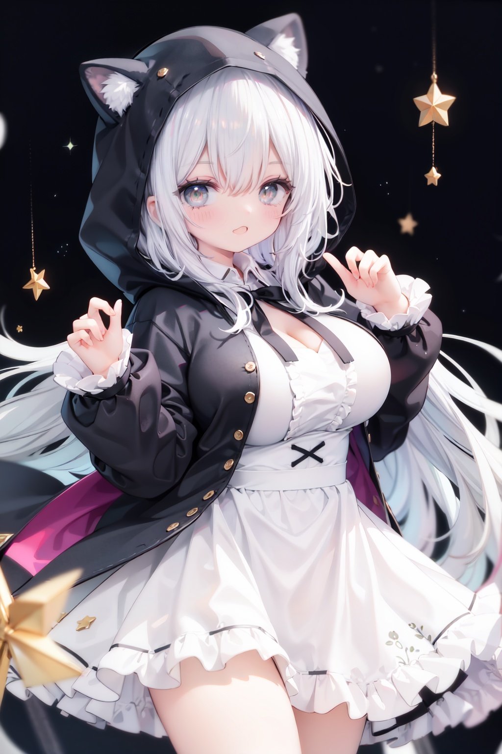 masterpiece, ((best quality)),  dynamic angle, chromatic aberration, ((colorful)),1girl, solo, hood, animal hood, breasts, frills, smile, hood up, yellow eyes, capelet, hair between eyes, blush, dress, long sleeves, looking at viewer, animal ears, large breasts, black ribbon, bangs, puffy long sleeves, :d, frilled dress, hand up, open mouth, white dress, puffy sleeves, hooded capelet, virtual *******r, frilled capelet, fang, white capelet, star (symbol)