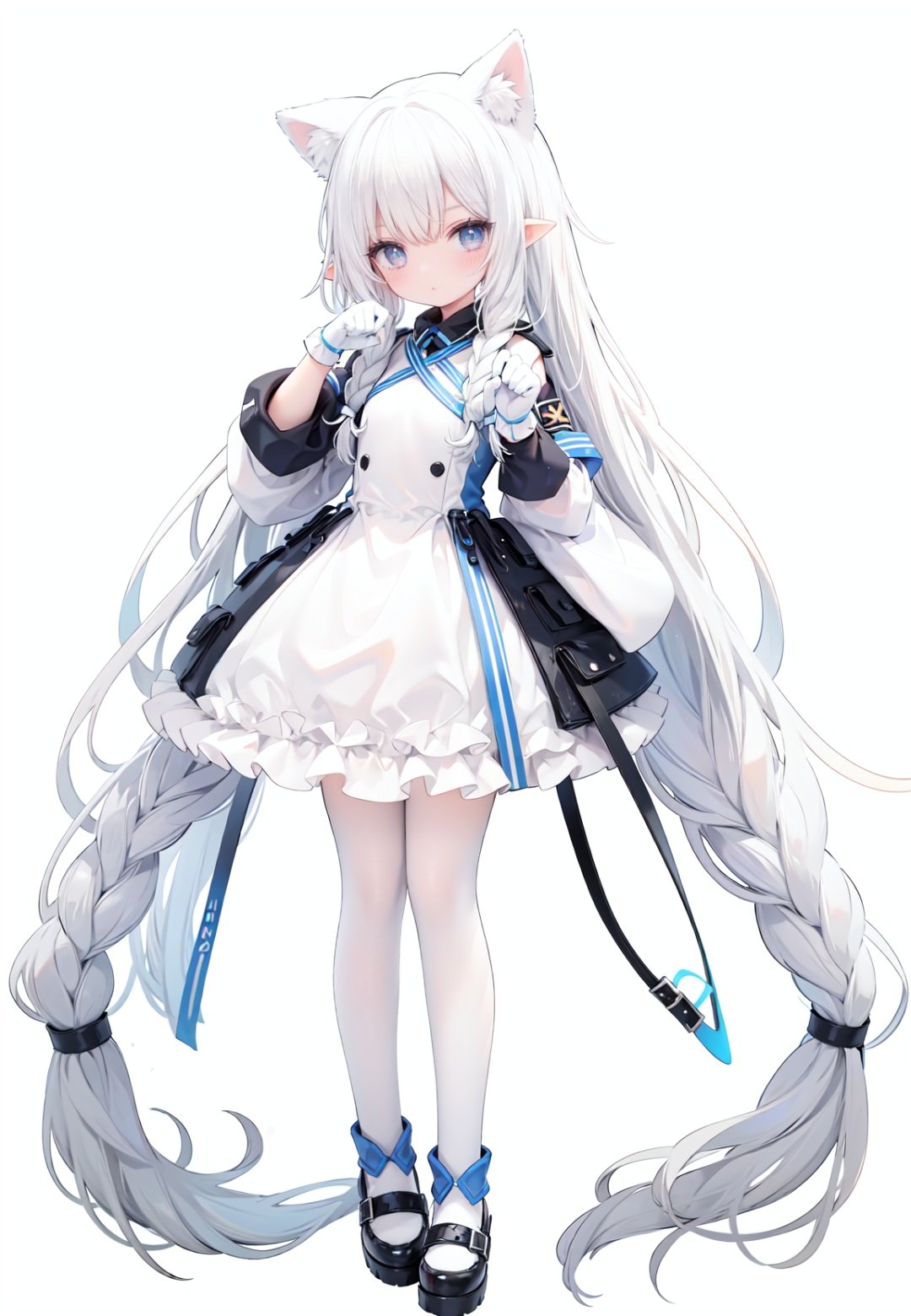 1girl, white_gloves, braid, full_body, gloves, long_hair, official_alternate_costume, pointy_ears, simple_background, solo, standing, very_long_hair, white_background,white hair,blue eyes,paw claw pose, open_mouth,