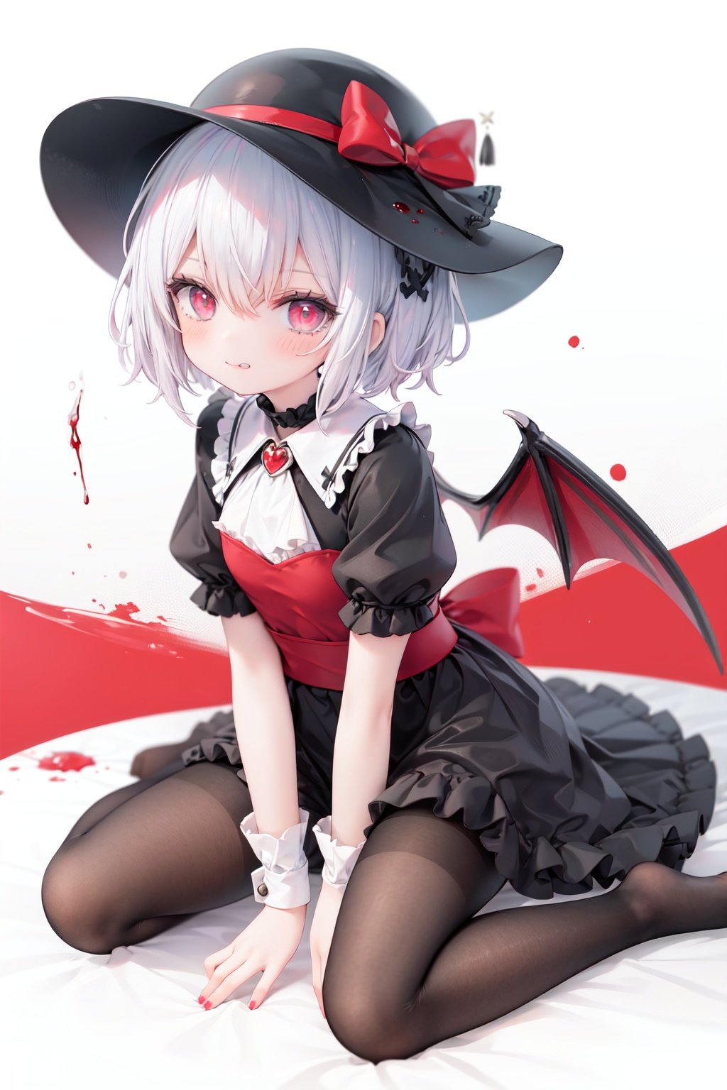 (little girl:1.4), (child:1.4),(petite:1.4), (loli:1.4),,,((solo:1.3)).,1girl, solo, wings, red eyes, hat, remilia scarlet, red background, mob cap, bat wings, ascot, blood, short sleeves, bow, short hair, ribbon, blood on hands, looking at viewer, simple background, full body, puffy sleeves, hat ribbon, blood on face, dress, brooch, red nails, pantyhose, red bow, puffy short sleeves, smile, black pantyhose, wrist cuffs, red ribbon, sitting, jewelry, red ascot, frills, hair between eyes, skirt, white dress, fingernails, sash, shirt, nail polish, no shoes, red theme, sharp fingernails, bangs, tongue, hat bow, grey hair, closed mouth, tongue out, white headwear, slit pupils, blood on clothes, skirt set, hand up, frilled sleeves, invisible chair, white skirt, vampire, frilled shirt collar/.,\nSolo,Battle, {{{{{Slash}}}}},Killing,Attacker,{{Fierce movement}},Ninja,Bloodstain,Core shadow,splatter,{Blood},{{{{Battle scene}}}},angry,Intricate,,{{{Dynamic angle}}},{Stylish pose},{High contrast,Extremely detailed CG unity 8K wallpaper} Sense of movement,blurry background,Kaotic,Lunatic,[[[[[hyper paint, rough design, flat color]]]]],Grin,Whole body,Colorful background,Intricate,Girl wearing black suit,Looking at viewers,{{Stylish}},Persona 5 style art,{{{all out attack(persona 5)}}}