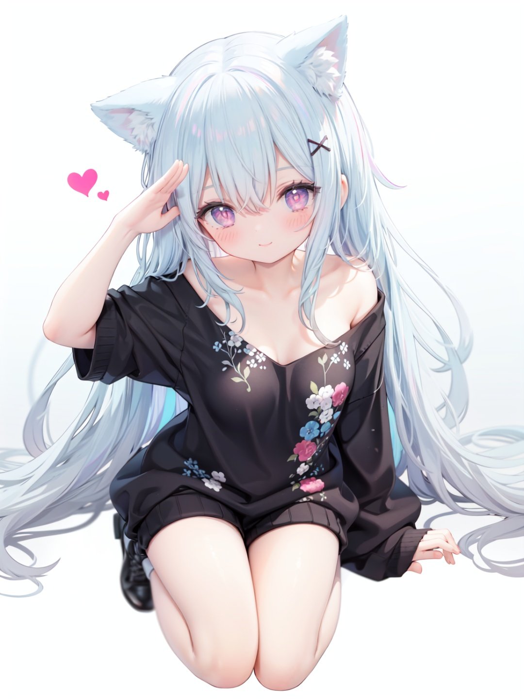 petite, loli, solo, animal ears, heart, puffy short sleeves, blue hair, long hair, off shoulder, bangs, hair ornament, gradient background,rainbow gradient, x hair ornament, animal ear fluff, looking at viewer, very long hair, blush, smile, cat ears, bare shoulders, collarbone, hand up, gradient sweater, hair between eyes, symbol-shaped pupils, arm up, heart-shaped pupils, hairclip, medium breasts, salute, bare legs,full body