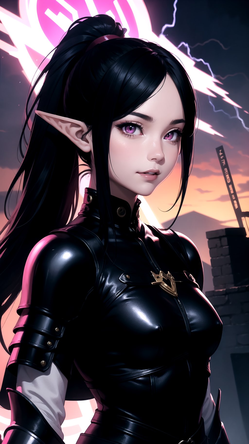 (masterpiece), best quality, expressive eyes, perfect face, girl, badass girl, elf, girl elf, evil smile, pale skin, black hair, long hair, ponytail hair, pink eyes, black Leather armor, smoke, Black sky, thunder, epic scene