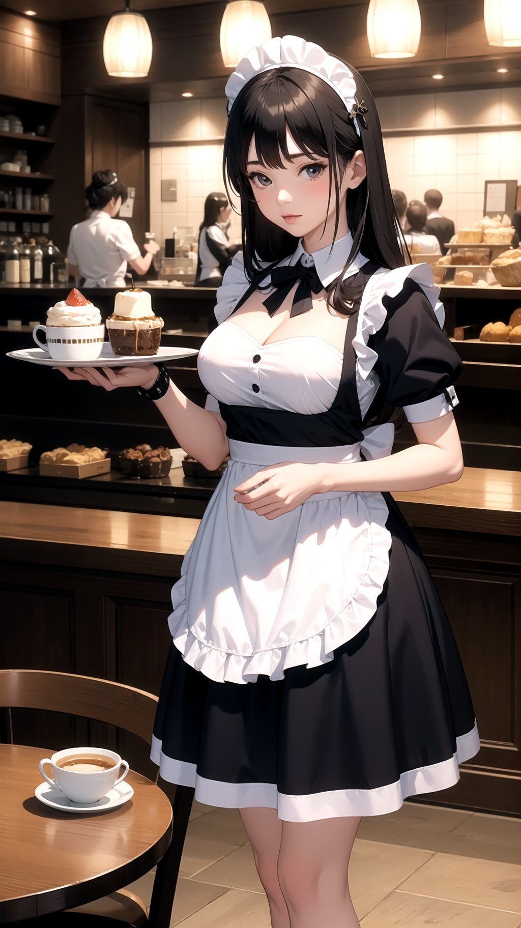 (masterpiece, best quality), intricate details, 1girl, large breasts, long hair, maid, maid headdress, maid apron, cafe,