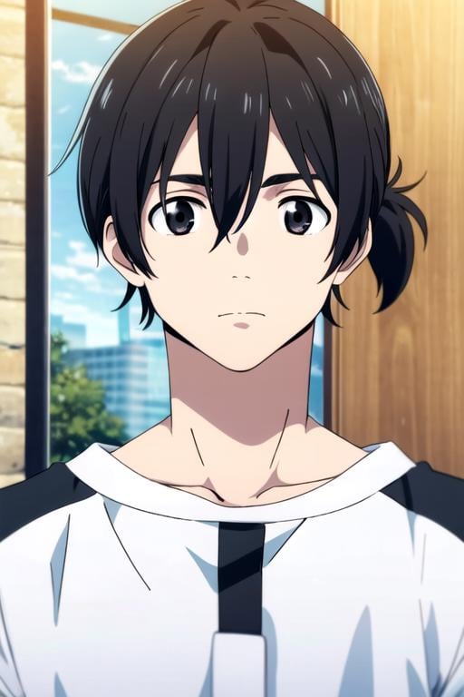 masterpiece, best quality, game cg, 1boy, solo, male focus, looking at viewer, upper body, , anime coloring, , <lora:mio_chibana:0.74>, mio_chibana, black hair, black eyes, short ponytail