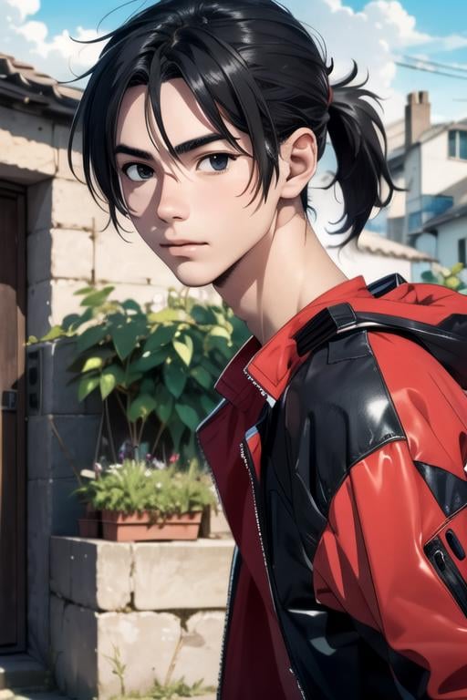 masterpiece, best quality, , 1boy, solo, male focus, looking at viewer, upper body, , anime coloring, realistic, <lora:mio_chibana:0.74>, mio_chibana, black hair, black eyes, short ponytail, , , 12k resolution