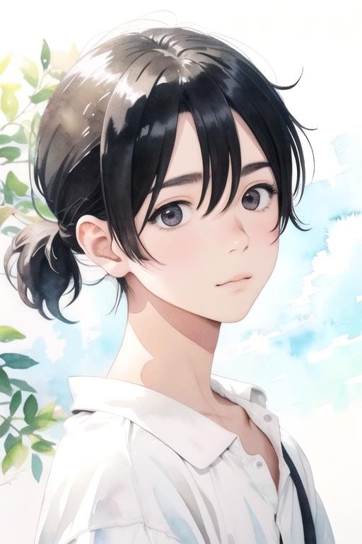 masterpiece, best quality, illustration, 1boy, solo, male focus, looking at viewer, upper body, depth of field, (watercolor illustration, soft pastel colors:1.1), , <lora:mio_chibana:0.70>, mio_chibana, black hair, black eyes, low ponytail, , fantasy,