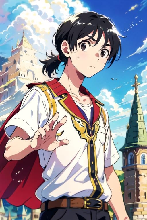 masterpiece, best quality, movie still, 1boy, solo, male focus, looking at viewer, upper body, depth of field, , , <lora:mio_chibana:0.66>, mio_chibana, black hair, black eyes, low ponytail, shorts, , Xanadu: A magical kingdom ruled by a wise and benevolent queen,