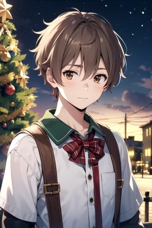 masterpiece, best quality, game cg, 1boy, solo, male focus, looking at viewer, upper body, , ligne claire, , <lora:shun_hashimoto:0.70>, shun_hashimoto, brown hair, brown eyes, christmas costume, science fantasy,