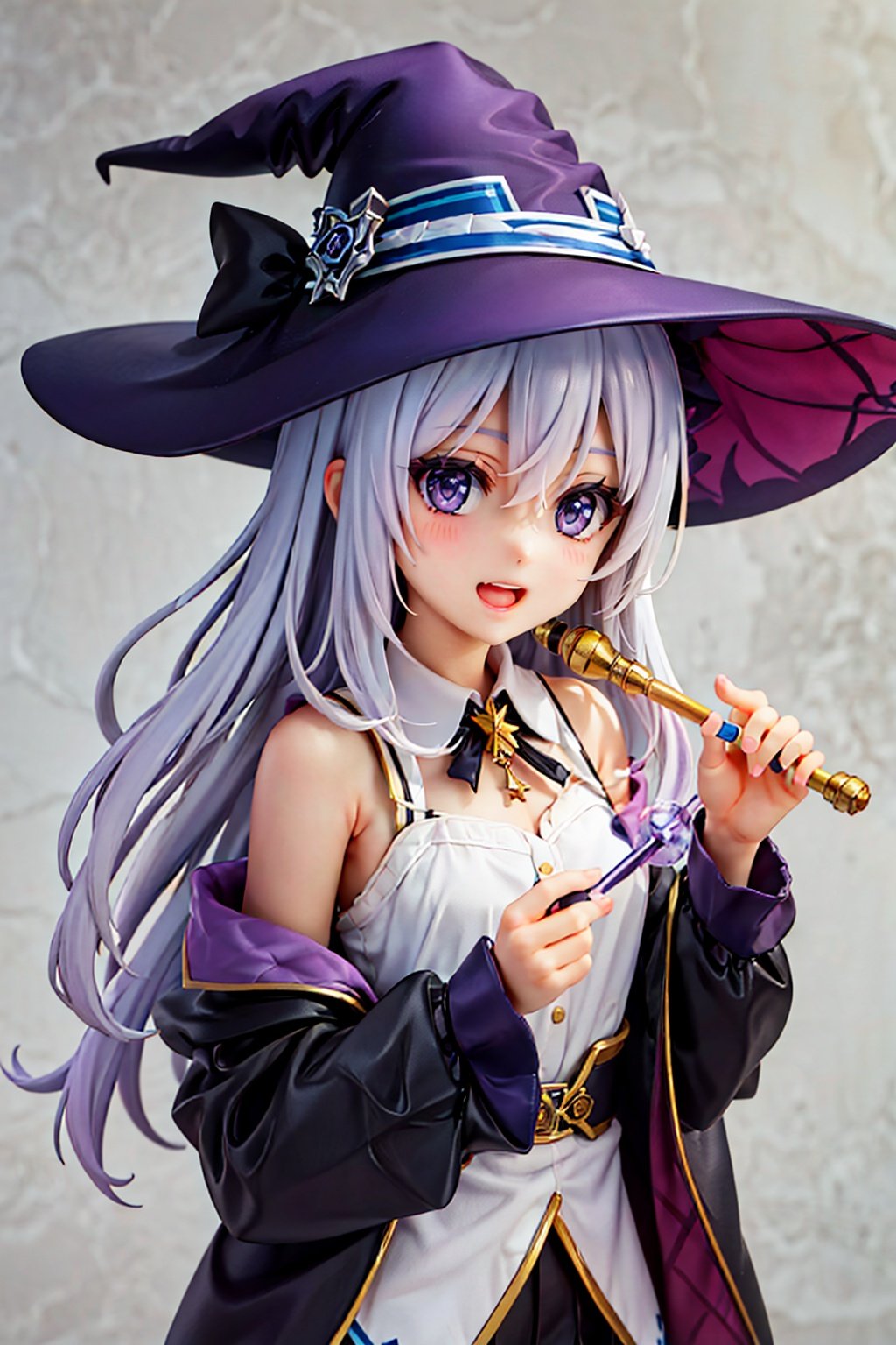 1girl, solo, hat, witch hat, elaina \(majo no tabitabi\), long hair, black headwear, looking at viewer, holding, shirt, purple eyes, heart, open mouth, wand, hair between eyes, bangs, upper body, robe, white shirt, black robe, star \(symbol\), bow, off shoulder, collared shirt, long sleeves, holding wand, open robe, sleeveless shirt, signature, bare shoulders
,