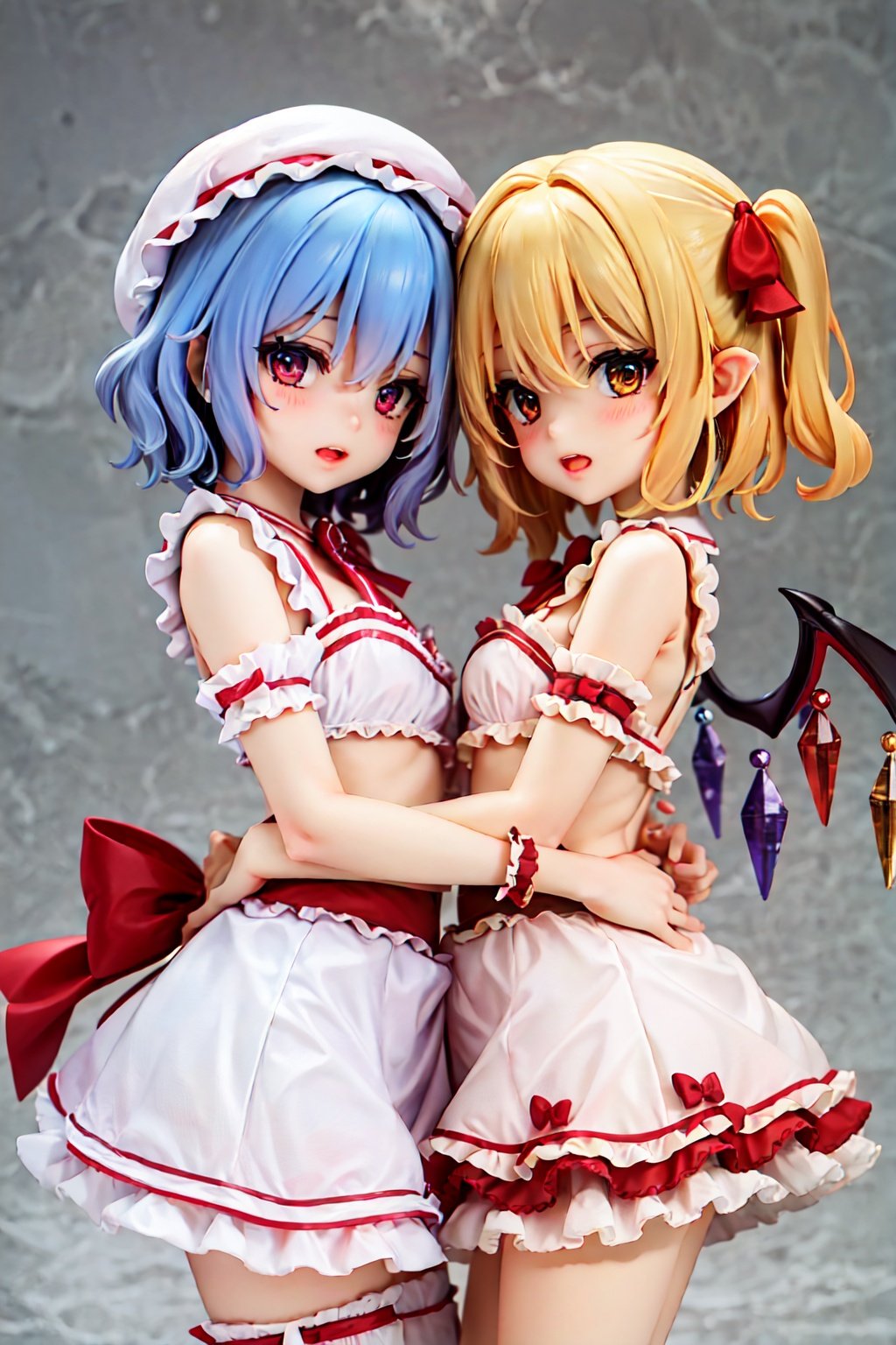 2girls,One has golden hair and the other has blue hair,
Pure white background,
Flandre Scarlet and Remilia Scarlet Embrace together