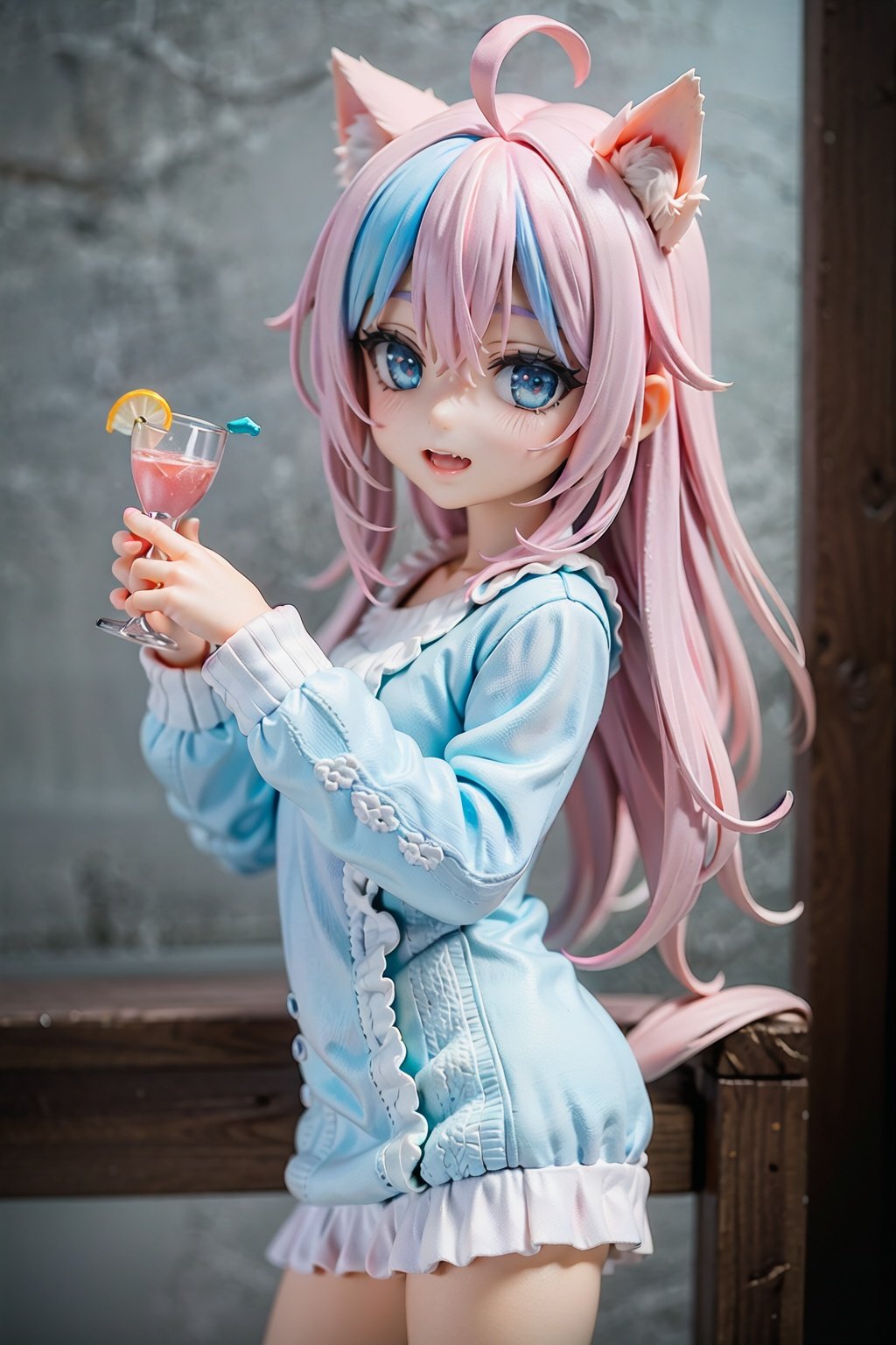 cowboy shot, masterpiece, Splash color, soft lighting, (cocktail glass), 1girl, solo, cat ears, multicolored hair, ((gradient hair), white+(blue)+(pink:0.5) hair//), very long hair, messy hair, bangs, ahoge, ((gradient eyes), pink+light_blue eyes//), slit pupils, glowing eyes, 1fang, white sweater, loli,