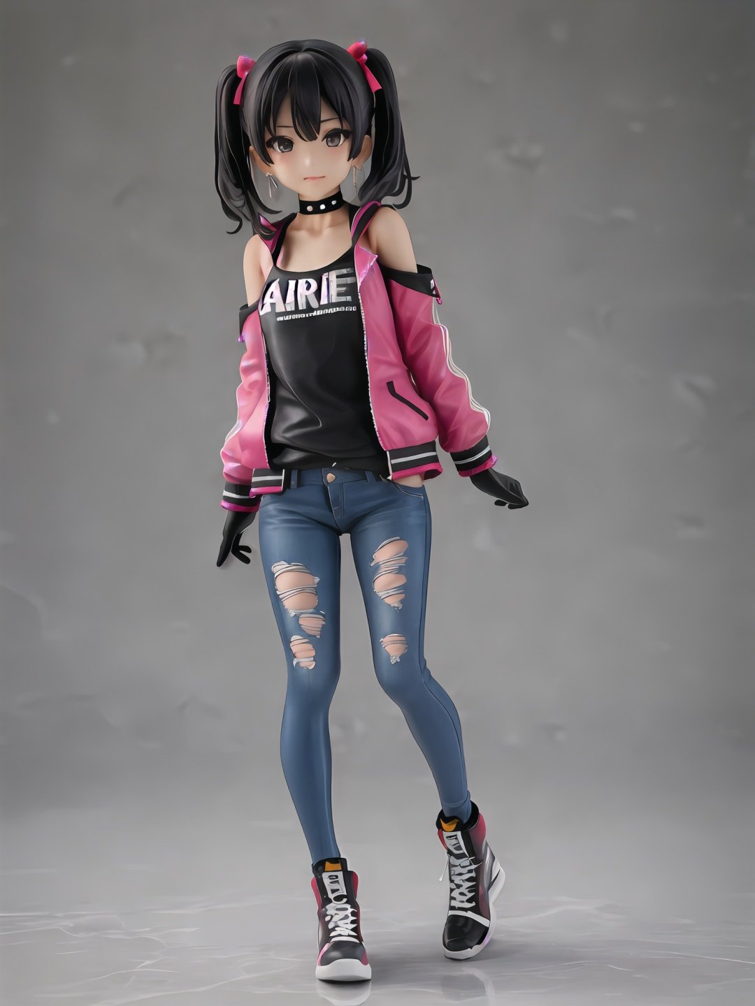 1girl,black eyes,black hair,black legwear,boots,bow,choker,earrings,full body,hair bow,heart,horns,jacket,jewelry,looking at viewer,medium hair,pants,pantyhose,shirt,shoes,skull,sneakers,spikes,standing,torn clothes,torn gloves,torn jacket,torn jeans,torn legwear,torn pants,torn shirt,torn shorts,torn skirt,torn sleeves,twintails,silvercarvingcd,(((silver brilliance body)))