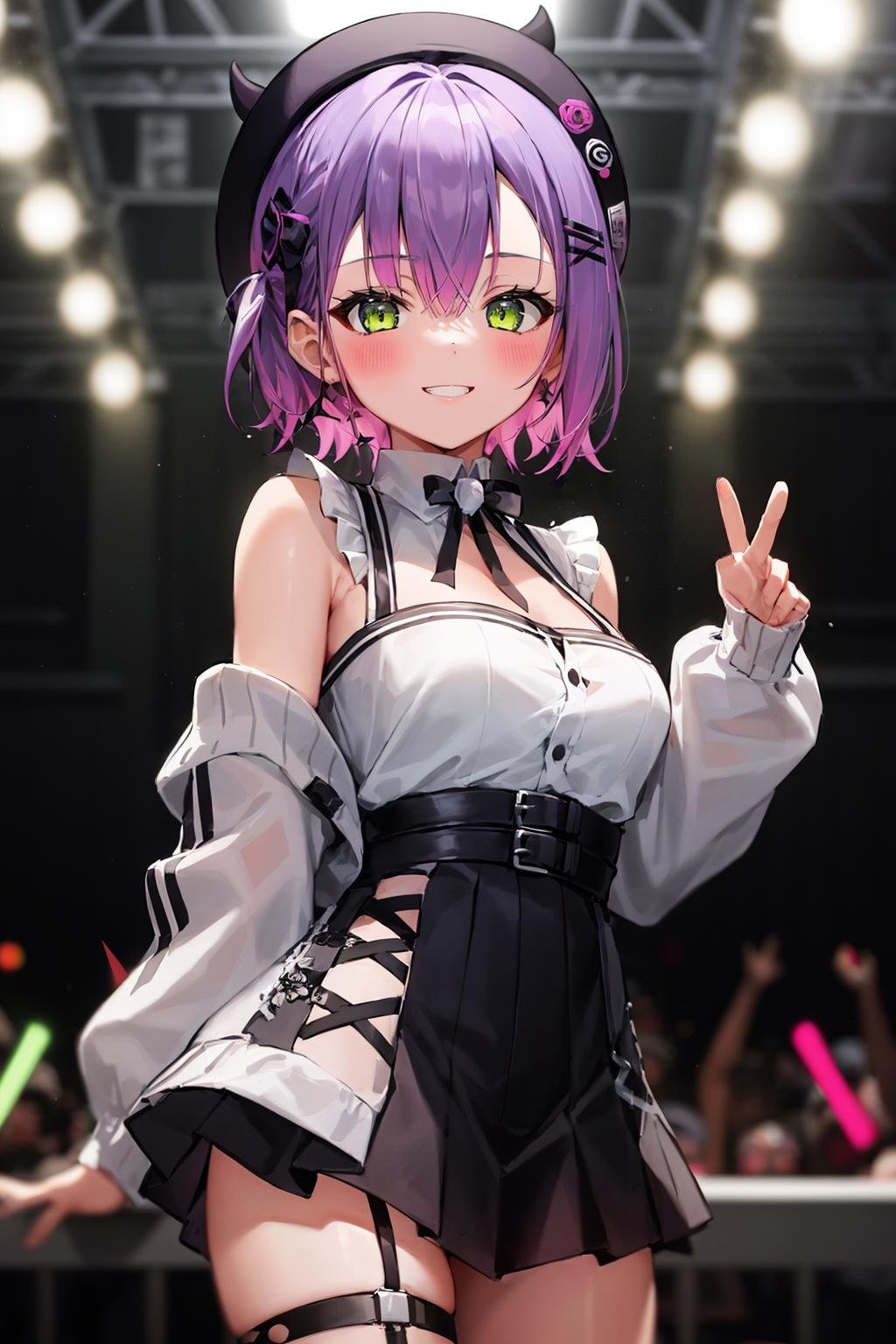 1girl, solo, (rave, crowd, colorful lights), cowboy shot, smile, towacasual, jirai kei, frilled shirt, high-waist skirt, off shoulder, grey cardigan, beret, fake horns, thigh strap <lora:tokoyami towa 5 outfits:1>