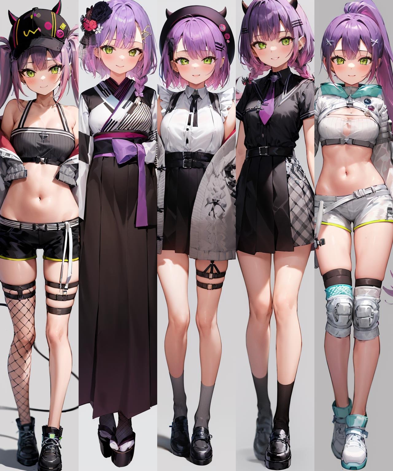 1girl, solo, (grey background:1.4), simple background, standing, (full body), smile, towadefault, twintails, two-tone jacket, closed jacket, off shoulder, midriff, black crop top, black shorts, short shorts, fishnet thighhighs, hat, fake horns, demon tail <lora:tokoyami towa 5:1>