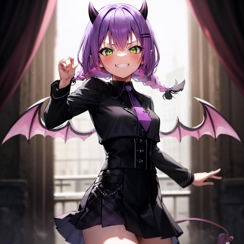 1girl, solo, cowboy shot, dynamic pose, evil grin, hell, cavern, (purple magic:1.4), towaschool, low twin braids, black shirt, black skirt, pleated skirt, collared shirt, purple necktie, demon horns, demon wings, demon tail, demon girl <lora:tokoyami towa 5 outfits:1>