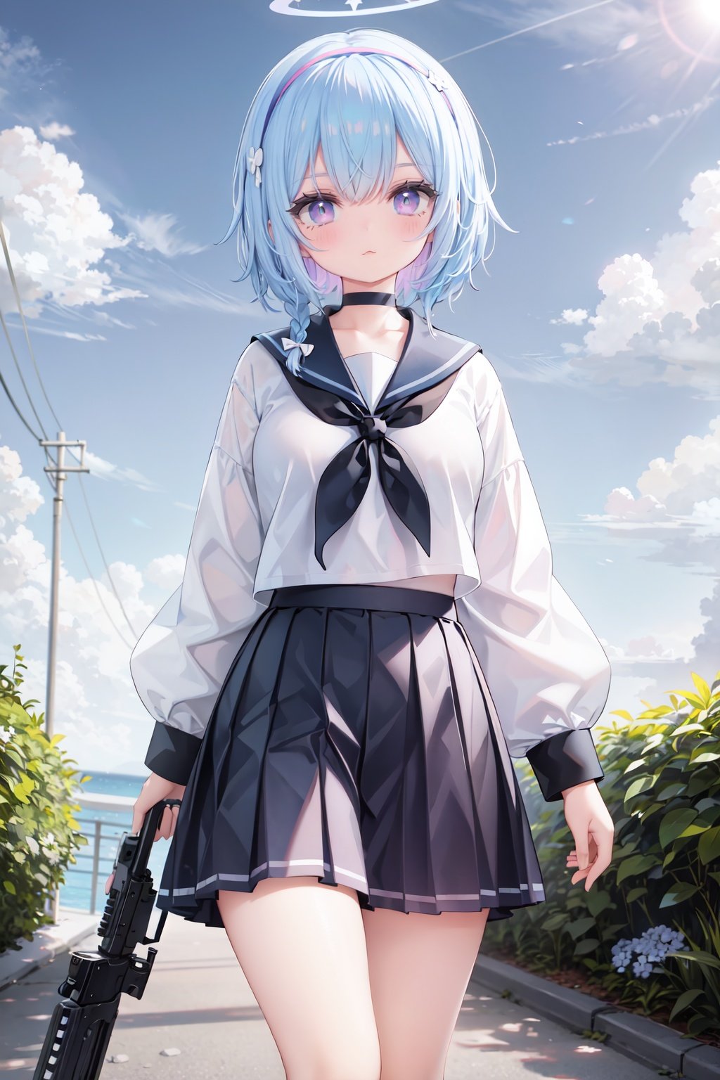 1girl, arona (blue archive), skirt, solo, sky, white skirt, weapon, gun, halo, cloud, shirt, holding, sailor collar, rifle, blue shirt, blue sky, blue hair, from behind, long sleeves, pleated skirt, school uniform, white sailor collar, braid, multicolored hair, pink hair, holding weapon, serafuku, bow, hairband, holding gun, day, short hair, outdoors, feet out of frame, white hairband, umbrella, single braid, choker, hair bow, miniskirt, standing, facing away, white bow, cloudy sky, ribbon, colored inner hair