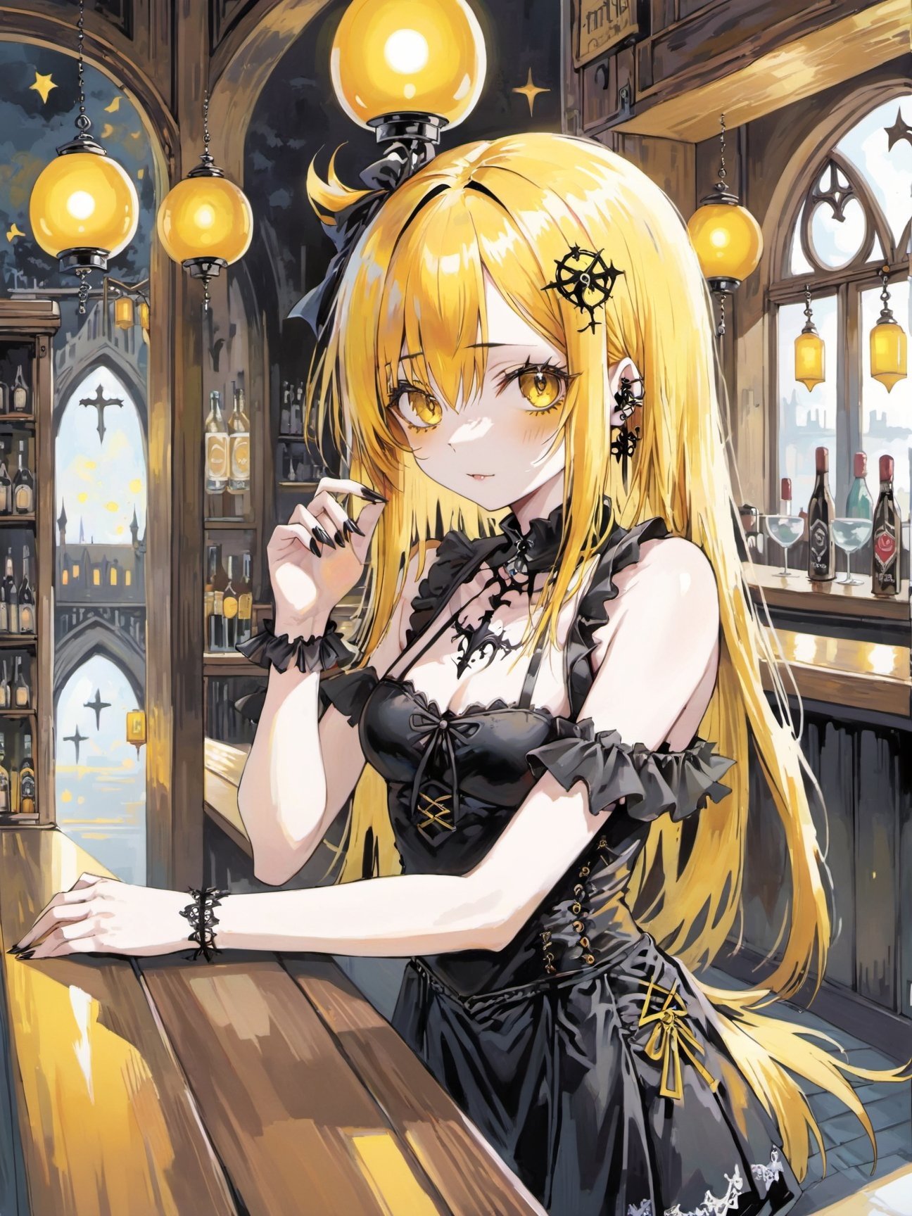 1girl,yellow hair, gothic, in summer,,bar,