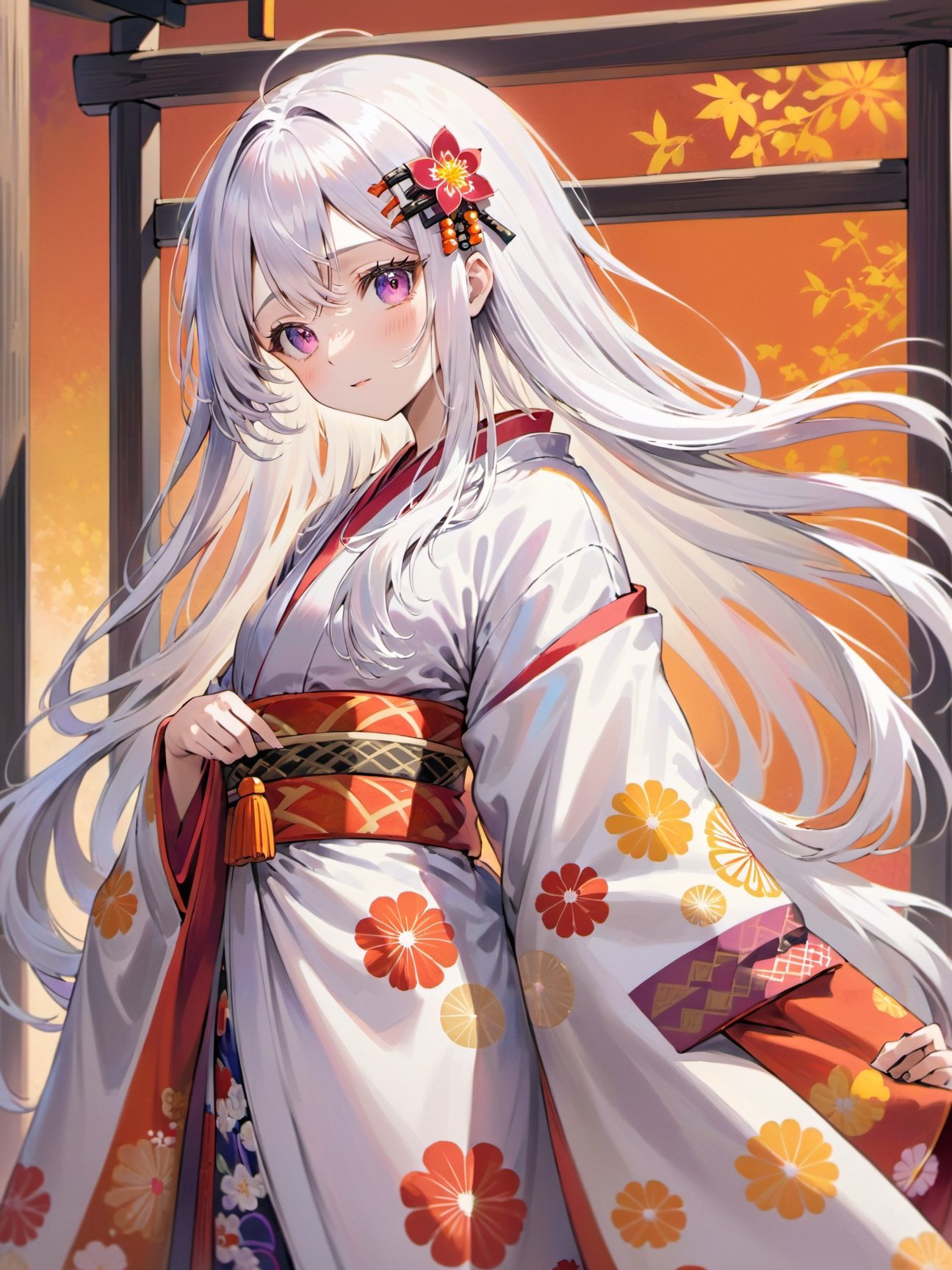 girl with long,flowing white hair stands gracefully in a traditional setting. She is dressed in a beautiful kimono,adorned with intricate patterns and vibrant colors. The kimono's fabric drapes elegantly around her,reflecting the rich cultural heritage of Japan. Her white hair contrasts starkly with the colorful kimono,