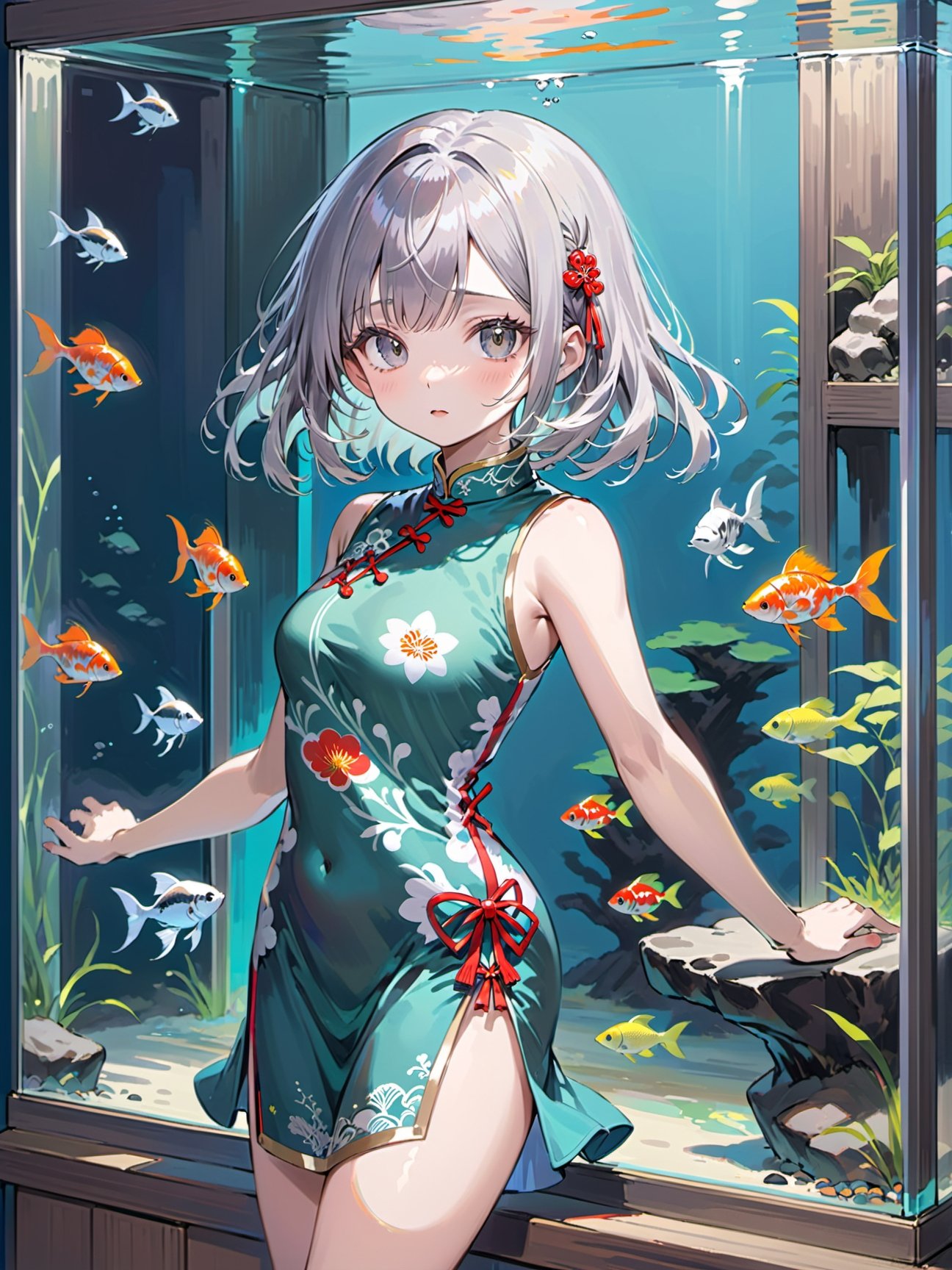 1girl,grey hair, cheongsam, ,aquarium,