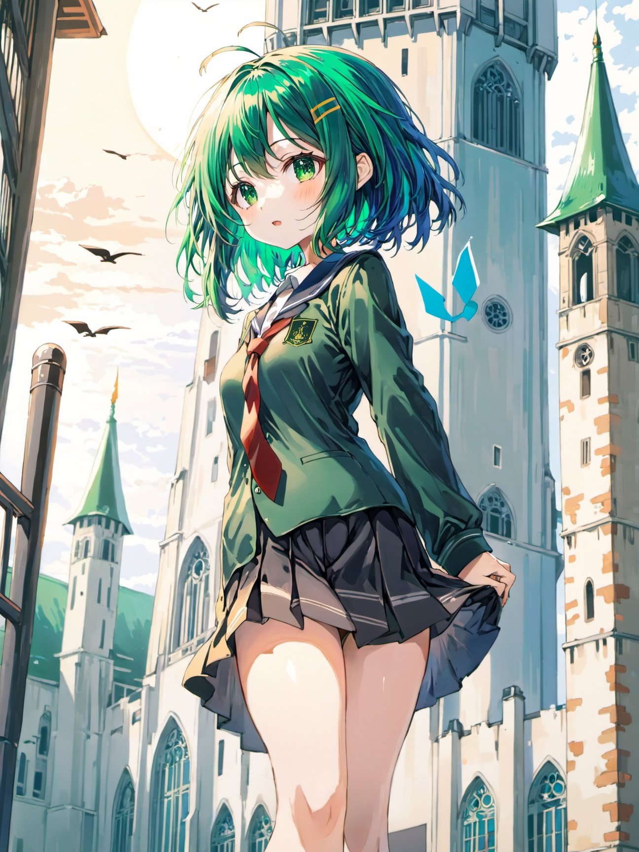 1girl,green hair, school_uniform, ,tower,