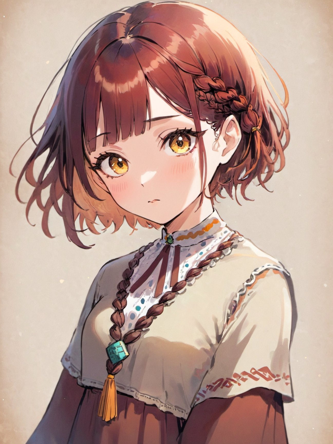 1girl,mahogany hair,short hair, twin braids hair, asymmetrical bangs bangs,,Create a bohemian-style image, with eclectic patterns, earthy colors, and a sense of free-spiritedness and individuality.,