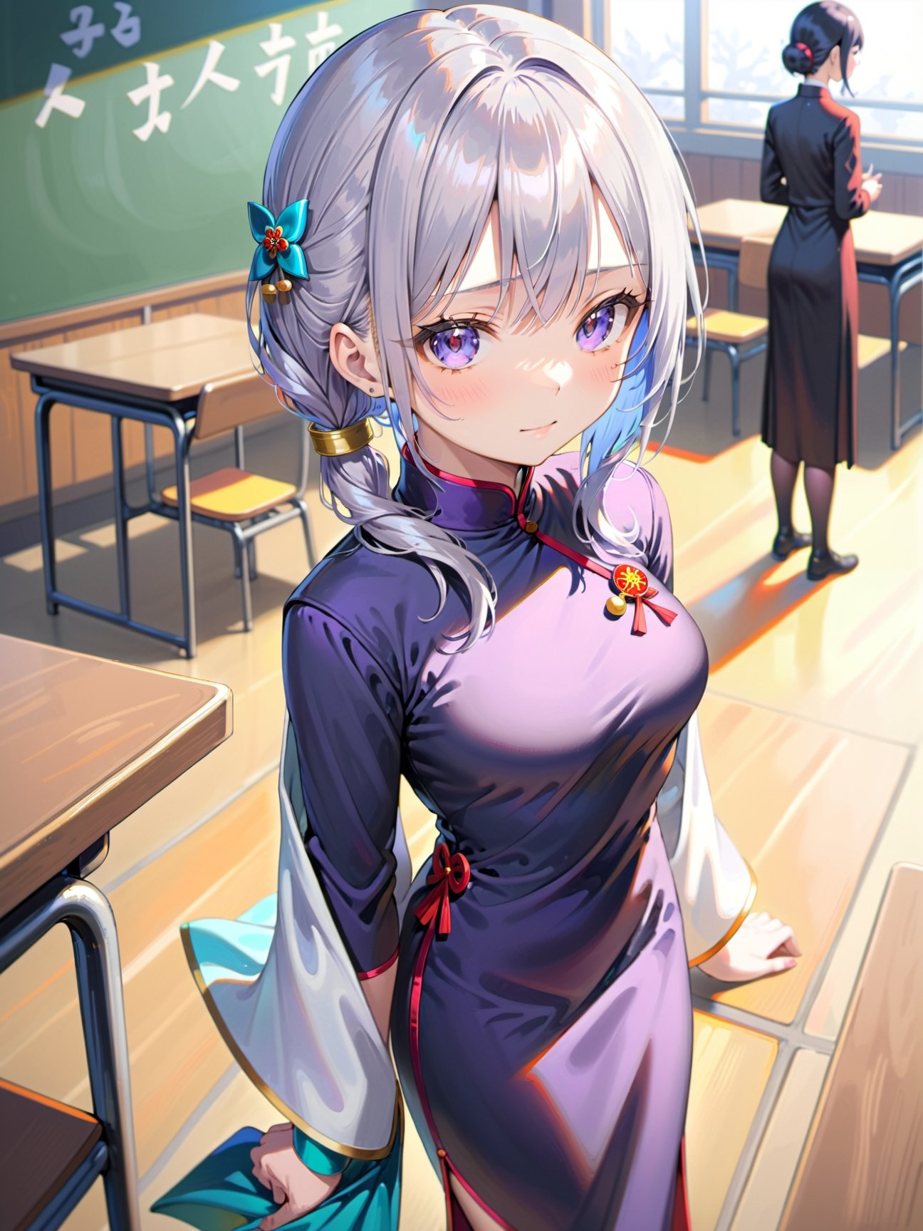 1girl,silver hair, cheongsam, in winter,,classroom,