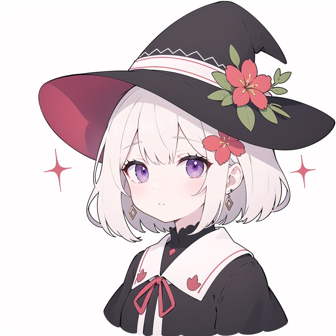 quality_best,style_onineko,(Distinct pupils)(Clear eyes),wizard hat,1girl,solo,c,earrings,looking at viewer,flower,short hair,bangs,closed mouth,simple background,black headwear,white background,red flower,upper body,white hair,hair intakes,frills,purple eyes,hair ornament,expressionless,hat flower,eyelashes,best quality,