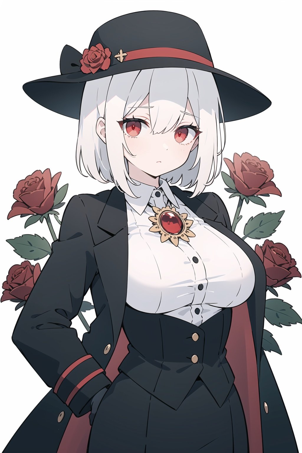 white hair,big breasts,red eyes, high detail, expressionless,{Glowing eyes},short straight hair, red roses,Black gloves, trench coat, suit, brooch,Clothes that are not bare,{{gangsters}},Wide-brimmed hat,black Suit hat,There was lace on the front,