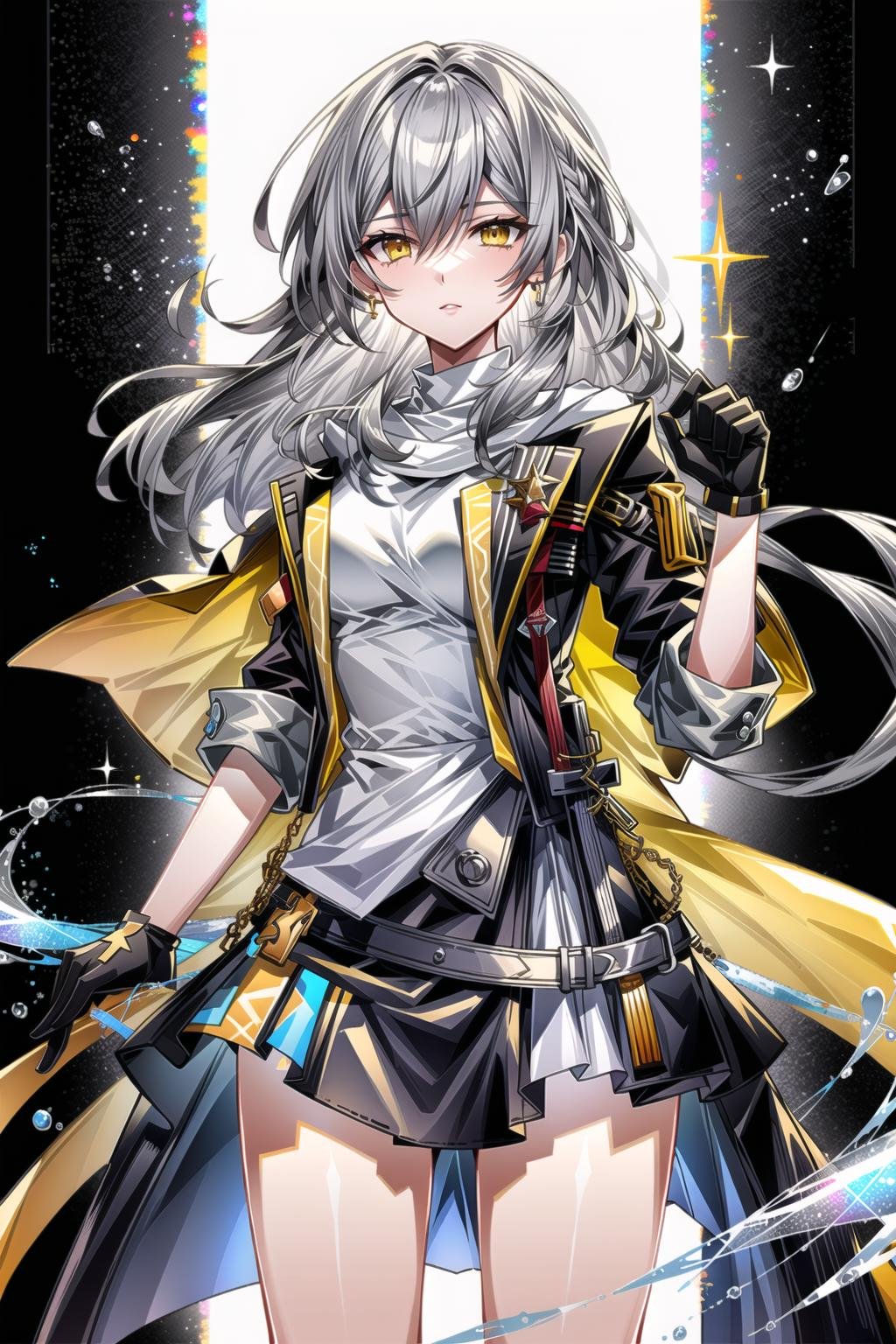 (masterpiece, top quality, best quality, official art, beautiful and aesthetic:1.2),(8k, best quality, masterpiece:1.2), 1woman, mature girl, solo, stelle (honkai star rail), Stelle, (cowboy shot, standing:1), (grey hair, silver hair, grey colored hair, flowing hair, grey long hair:1.2), (yellow eyes, yellow shining eyes:1.3), [apathetic:1.2], [medium breasts:1], (black jacket, rolled up sleeves. black gloves, white dress, black skirt, open jacket:1.15), (epic glow:1.4), <lora:more_details:.5>,  <lora:StelleLora:.8>