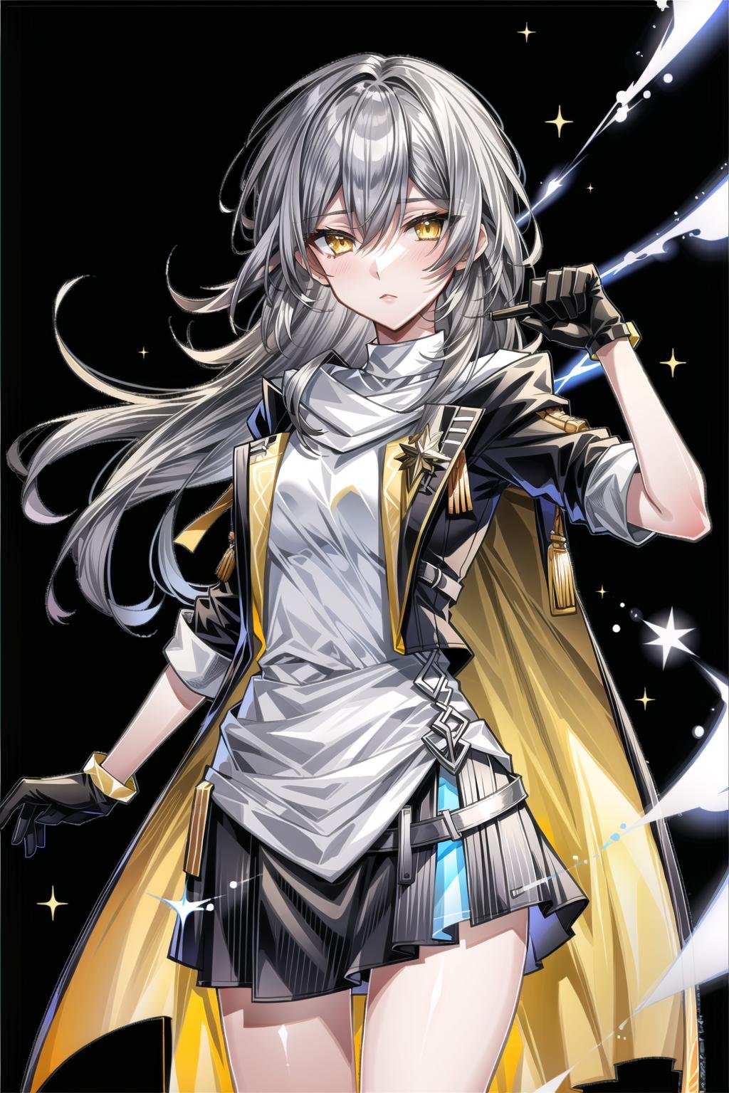 (masterpiece, top quality, best quality, official art, beautiful and aesthetic:1.2),(8k, best quality, masterpiece:1.2), 1woman, mature girl, solo, stelle (honkai star rail), Stelle, (cowboy shot, standing:1), (grey hair, silver hair, grey colored hair, flowing hair, grey long hair:1.2), (yellow eyes, yellow shining eyes:1.3), [apathetic:1.2], [medium breasts:1], (black jacket, rolled up sleeves. black gloves, white dress, black skirt, open jacket:1.15), (epic glow:1.4), <lora:more_details:.5>,  <lora:StelleLora:.8>