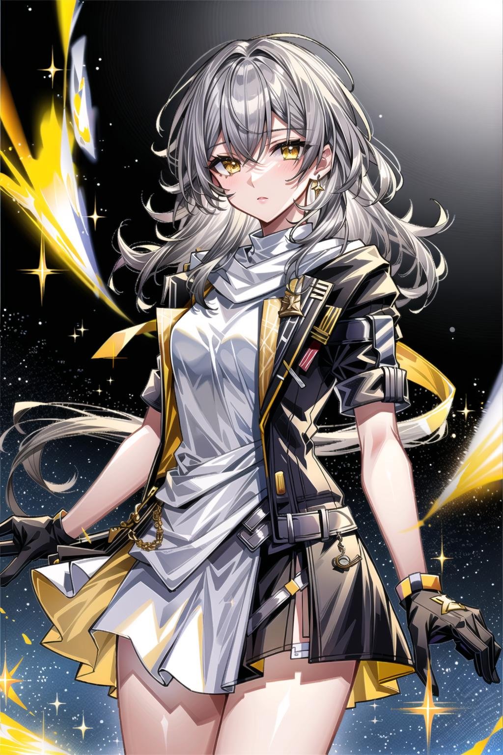 (masterpiece, top quality, best quality, official art, beautiful and aesthetic:1.2),(8k, best quality, masterpiece:1.2), 1woman, mature girl, solo, stelle (honkai star rail), Stelle, (cowboy shot, standing:1), (grey hair, silver hair, grey colored hair, flowing hair, grey long hair:1.2), (yellow eyes, yellow shining eyes:1.3), [apathetic:1.2], [medium breasts:1], (black jacket, rolled up sleeves. black gloves, white dress, black skirt, open jacket:1.15), (epic glow:1.4), <lora:more_details:.5>,  <lora:StelleLora:.8>