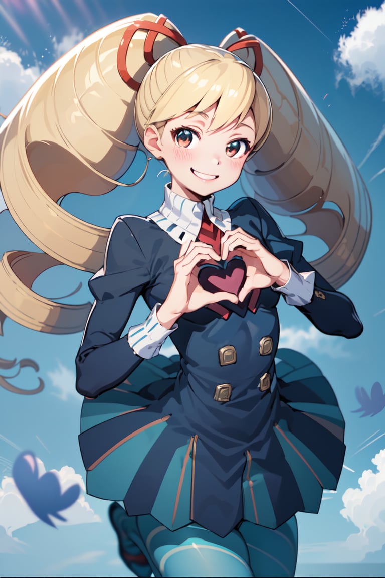 Luna_MM,  twintails,  twin drills,  dress,  blue pantyhose,  striped pantyhose,  (heart hands,  own hands together:1),  (masterpiece:1.2),  best quality,  high resolution,  unity 8k wallpaper,  heart hands,  smile,  floating hearts, <lora:EMS-51446-EMS:0.800000>, , <lora:EMS-34439-EMS:0.800000>