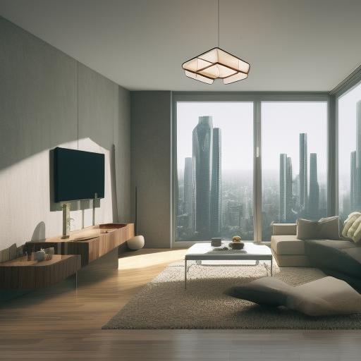 high resolution concept art of an apartment living room overlooking a large futuristic city with floor to ceiling windows and mid century modern furniture cinematic lighting cgsociety