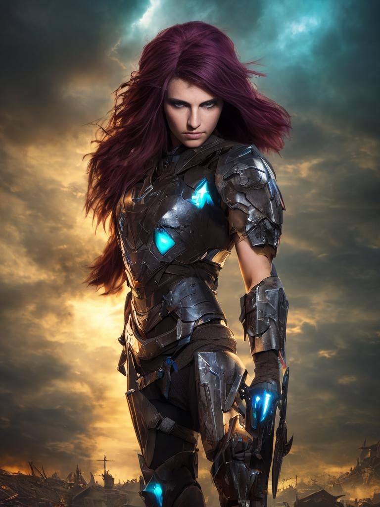 dark and gloomy full body 8k unity render, female teen cyborg, Blue yonder hair, wearing broken battle armor, at cluttered and messy shack , action shot, tattered torn shirt, porcelain cracked skin, skin pores, detailed intricate iris, very dark lighting, heavy shadows, detailed, detailed face, (vibrant, photo realistic, realistic, dramatic, dark, sharp focus, 8k)