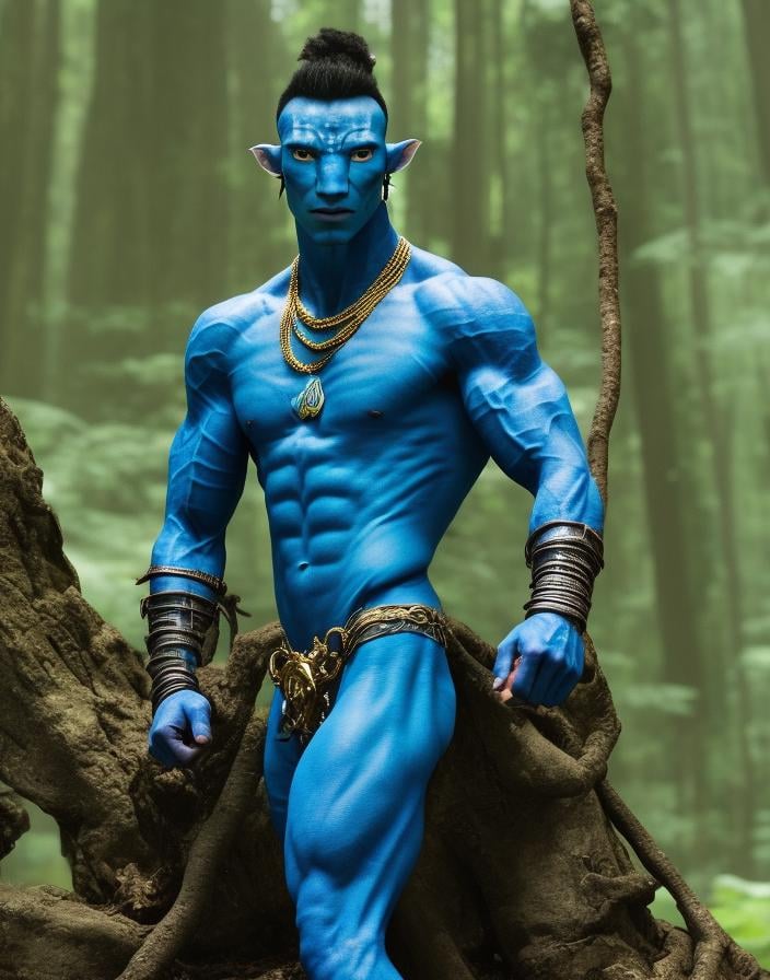 blue skin avatar man, from avatar movie, drip, swag, muscular, gold chains, rings, boss, smirking, sunglasses, standing in a forest