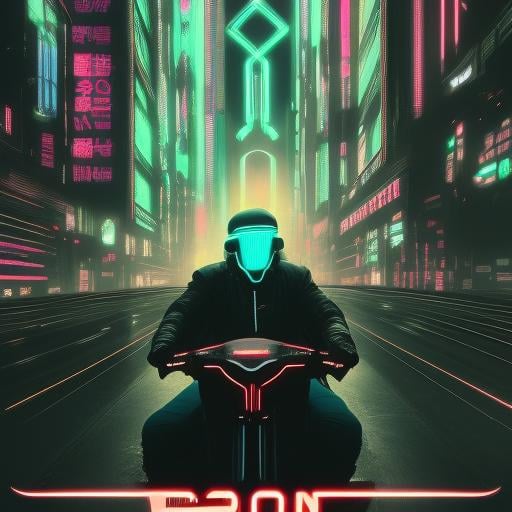 Futuristic Vintage Medium Shot 1920's Poster with Cyberpunk, ovni,  tron biker with helmet bike, black in color, with a cyberpunk city background, futuristic lighting, cinematic lighting, cozy lighting, 8k, cinematic poster vintage 1800s