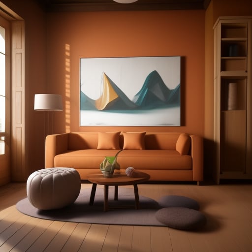 a relaxing room with a wooden table and a big sofa and paintings on the wall, high quality, 8 k, architecture, symmetrical, harmonious, complementary colors, calm, high coherence, natural lighting, path traced, highly detailed, hyperrealistic, concept art, octane render, unreal engine 5, trending on artstation, beautiful, elegant