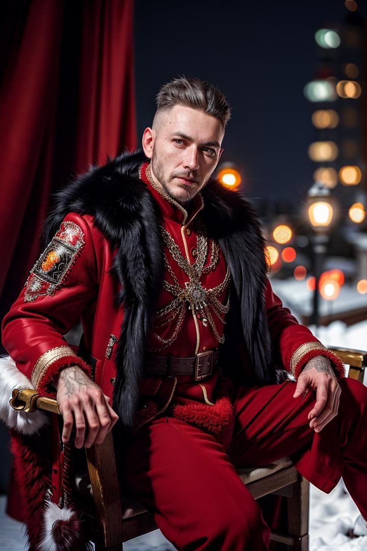 (dynamic pose:1.2),(dynamic camera),(analog photo raw:1.2),
(a man in a red outfit and fur coat sitting on a chair)
,(masterpiece, top quality, best quality, official art,extreme detailed,highest detailed,depth of field,bokeh:1.3,realistic rim lighting,complex, multiple subjects, 4k HDR),