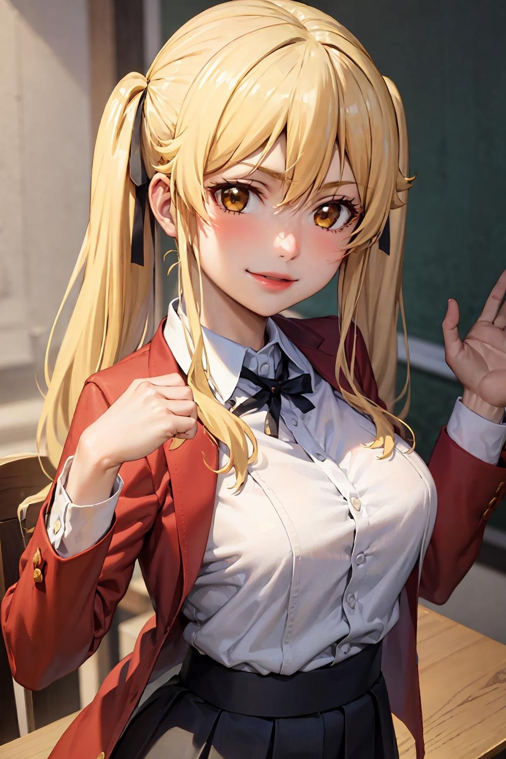 (best quality:1.1), (masterpiece:1.4), (absurdres:1.0), portrait, smile1girl, saotome mary , school uniform, twintails, blonde hair, black skirt, looking at viewer, <lora:Kizuki - Kakegurui Saotomi Mary LoRA:0.75>,