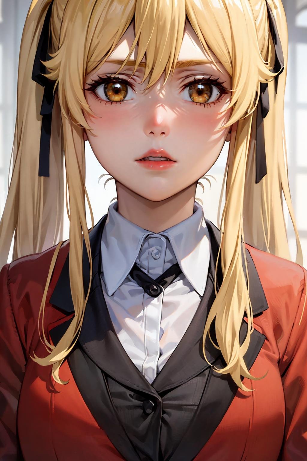 (best quality:1.1), (masterpiece:1.4), (absurdres:1.0), close up, portrait,1girl, saotome mary , red school uniform, twintails, blonde hair, black skirt, looking at viewer, <lora:Kizuki - Kakegurui Saotomi Mary LoRA:0.75>